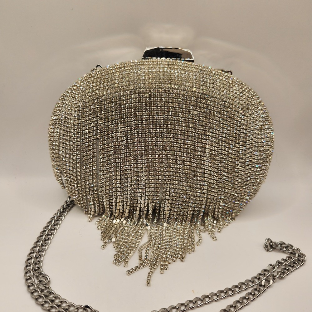 New Olga Berg Bria Crystal Fringe Clutch Rhinestone Chain Strap Silver Evening C